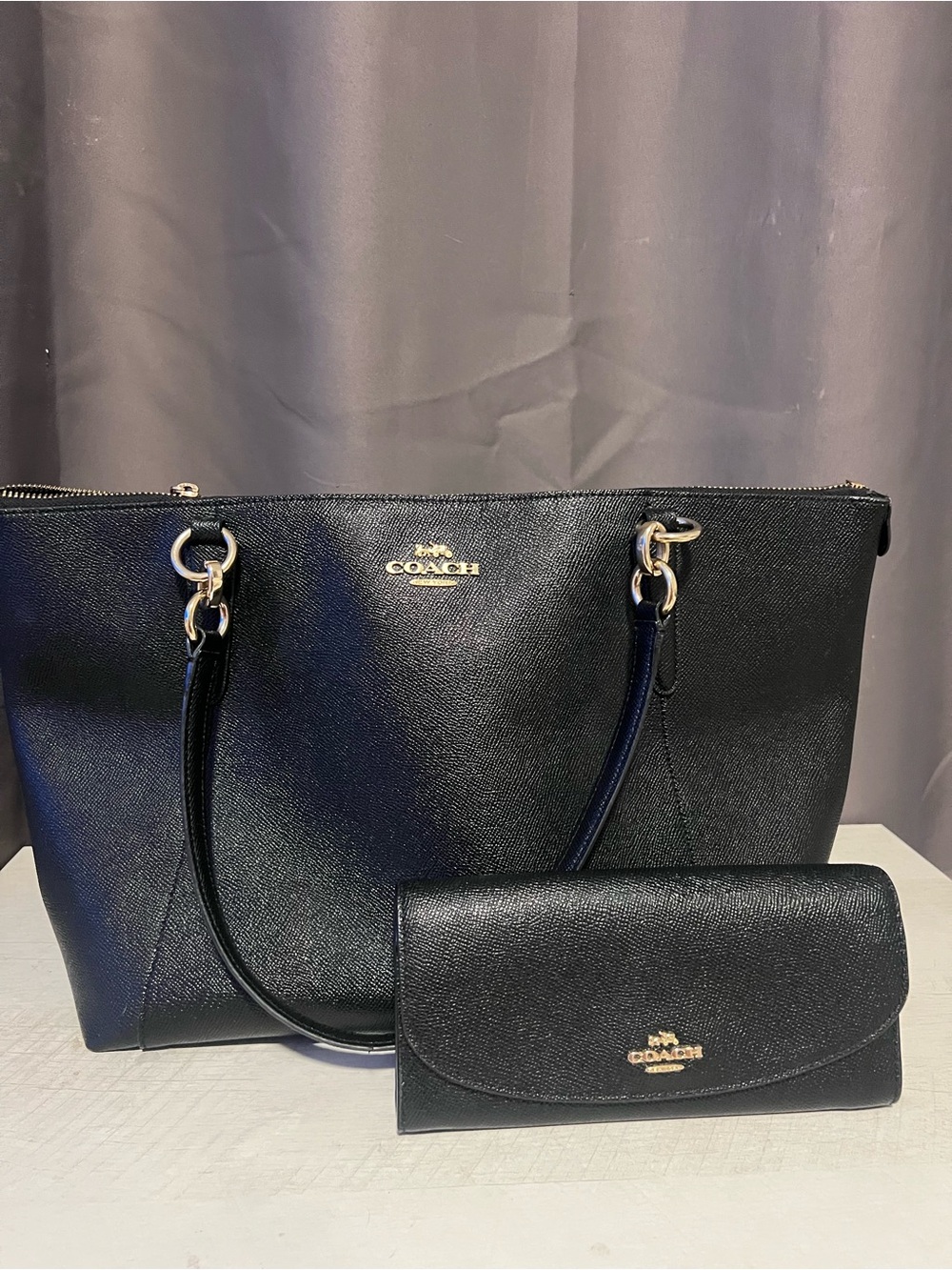 Coach Black Leather Tote with Matching Wallet and Gold Hardware